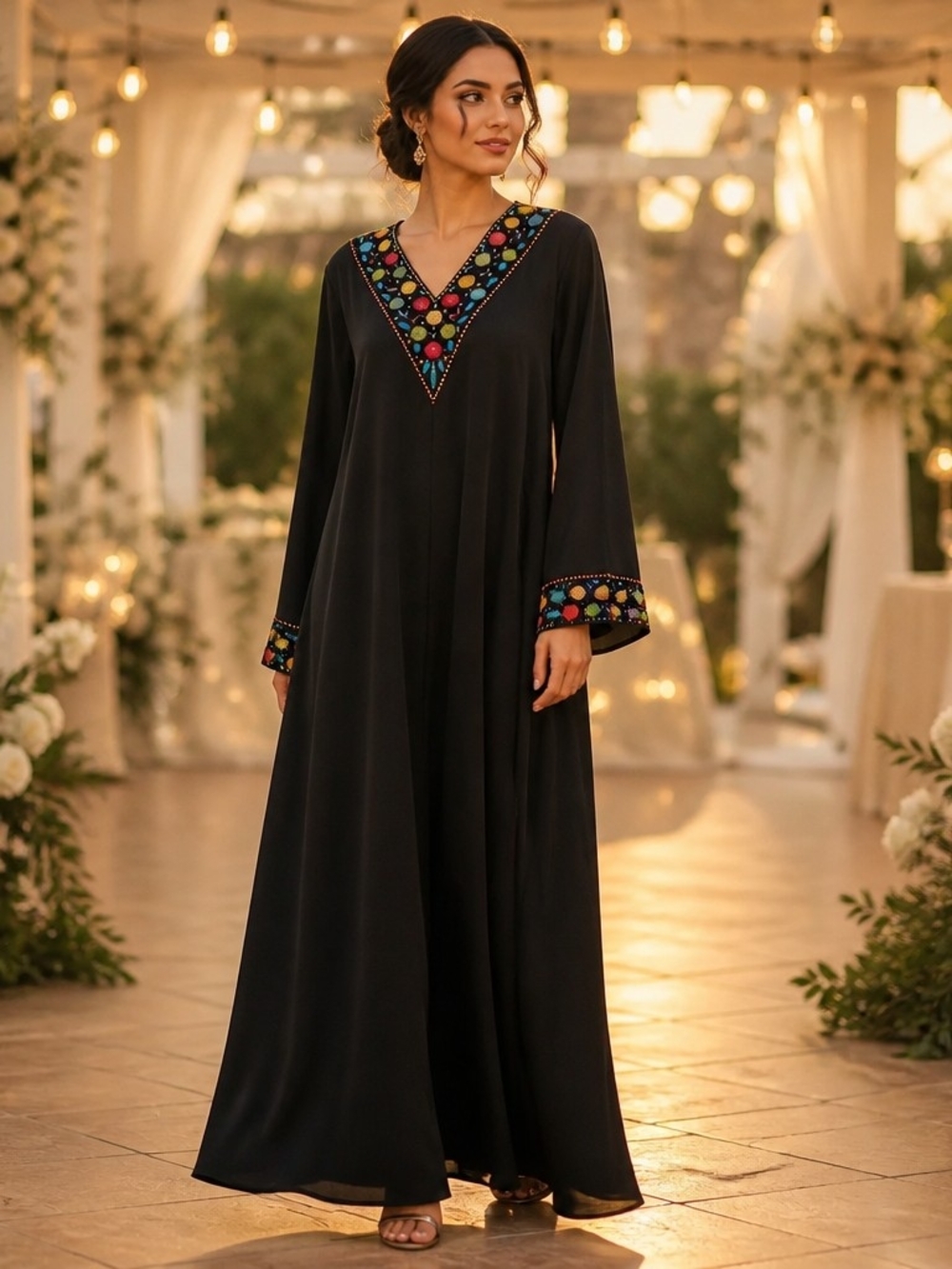 Black Embroidered V-Neck Maxi Dress